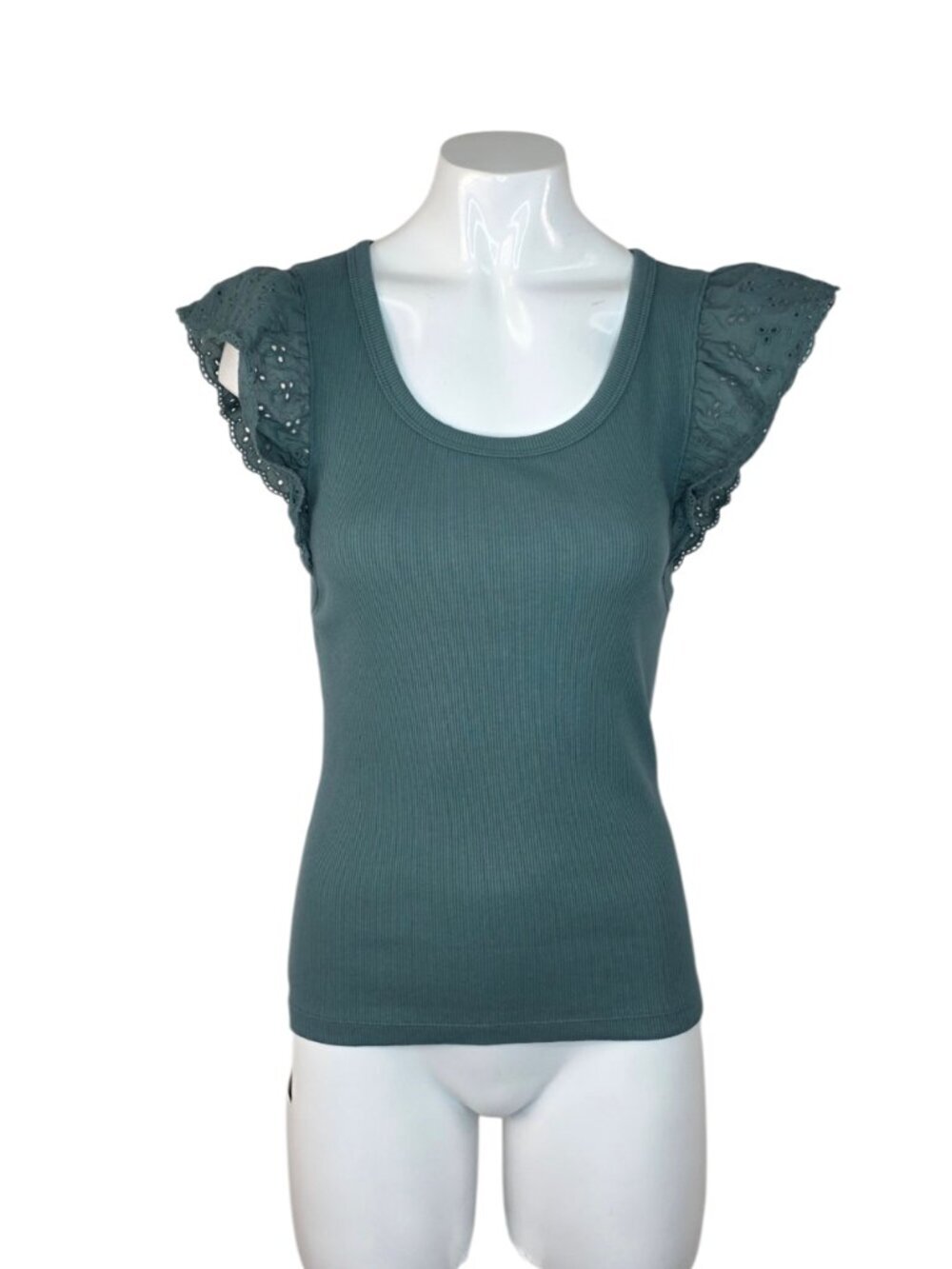George Eyelet Sleeve Tank Top, Ribbed, Green, Dainty, Size XS